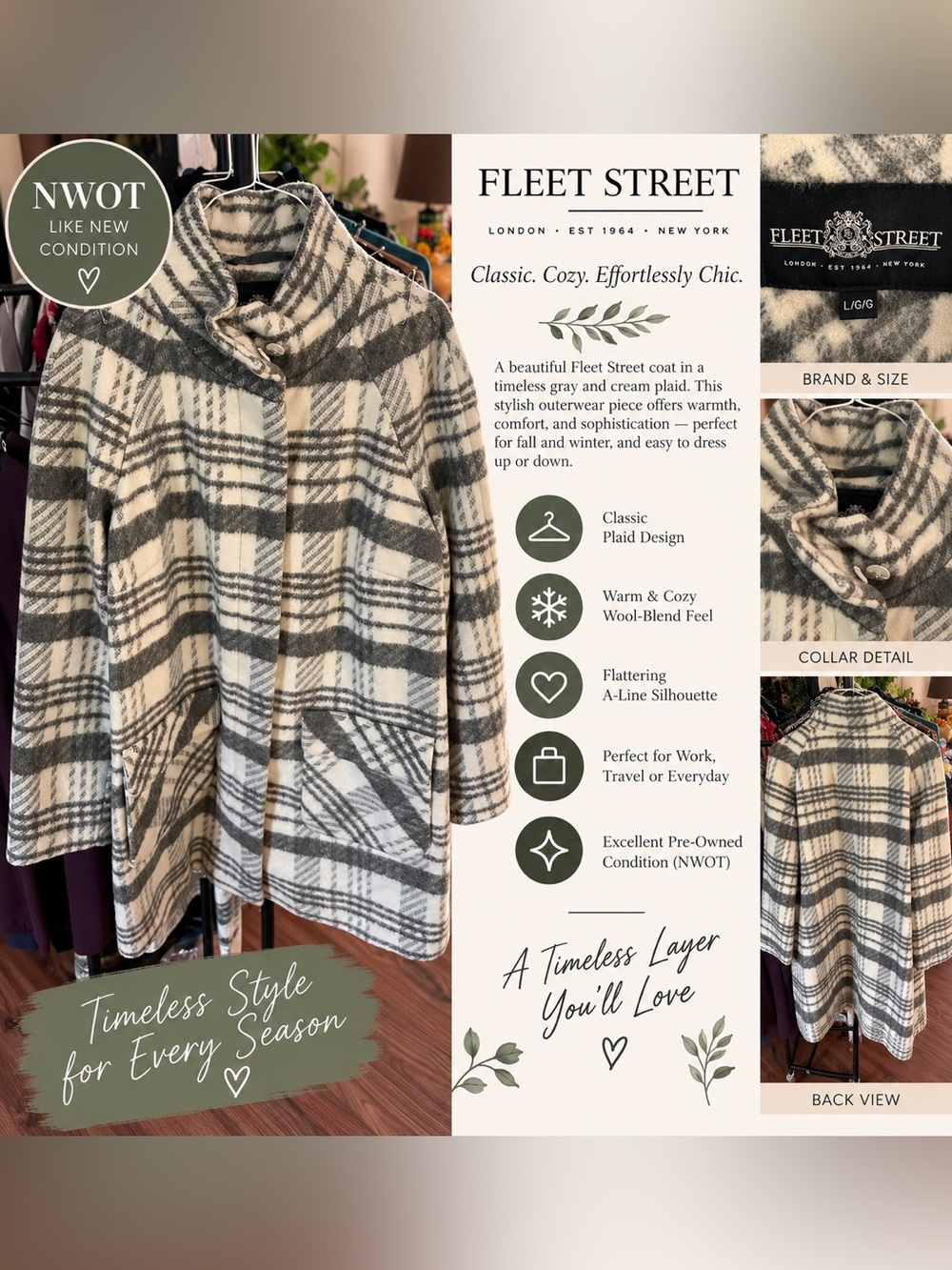 Fleet Street Women's Gray & Cream Plaid Wool-Blend Coat